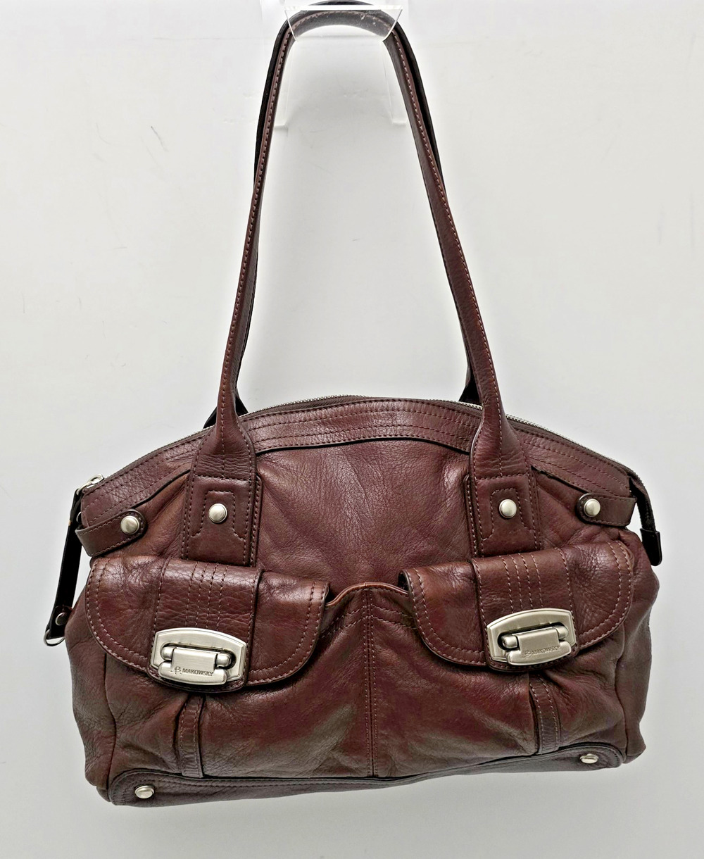 B. Makowsky Shoulder Satchel Bag Brown Leather Front Flap Pockets Large